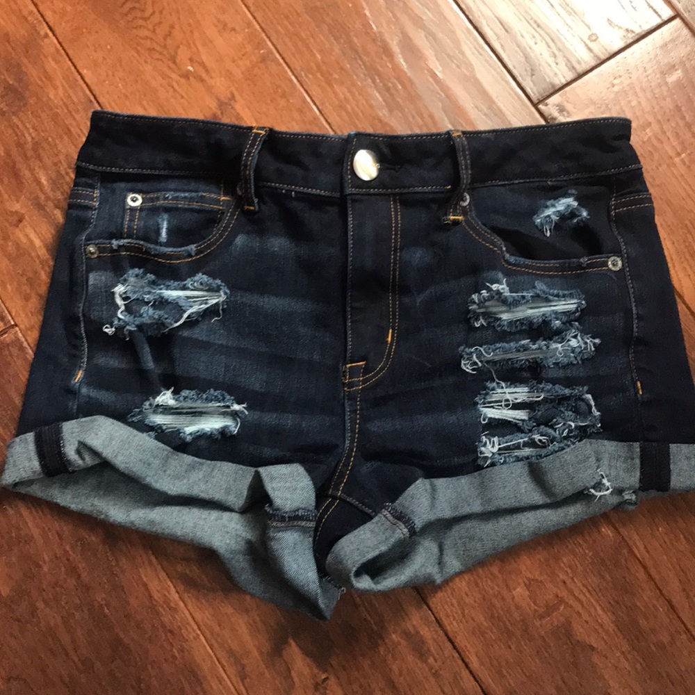 American Eagle High Rise Dark Wash Ripped Shorts